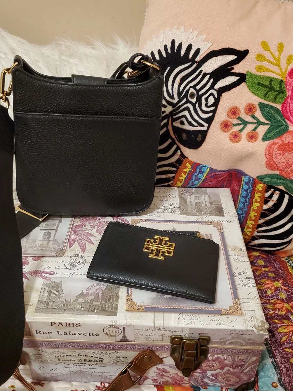 Tory Burch Thea Mini Web Leather Shoulder Crossbody & Zip Card Pouch MSRP $295